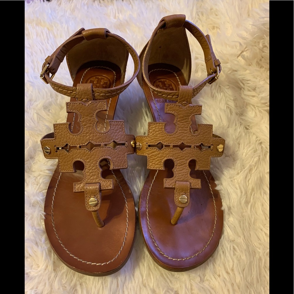 Tory Burch Brown Leather T-Strap Wedge Sandals